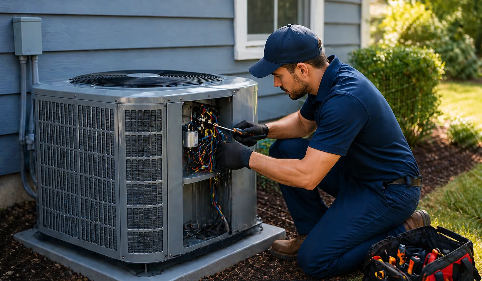 Washington DC HVAC technician inspecting a residential AC condenser with diagnostic gauges